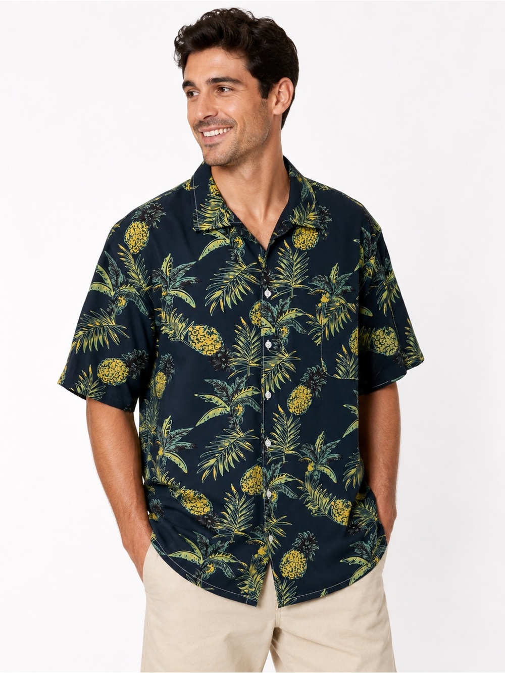 Men’s 2XL Hawaiian Pineapple Palm Tree Button Up Shirt Tropical Navy